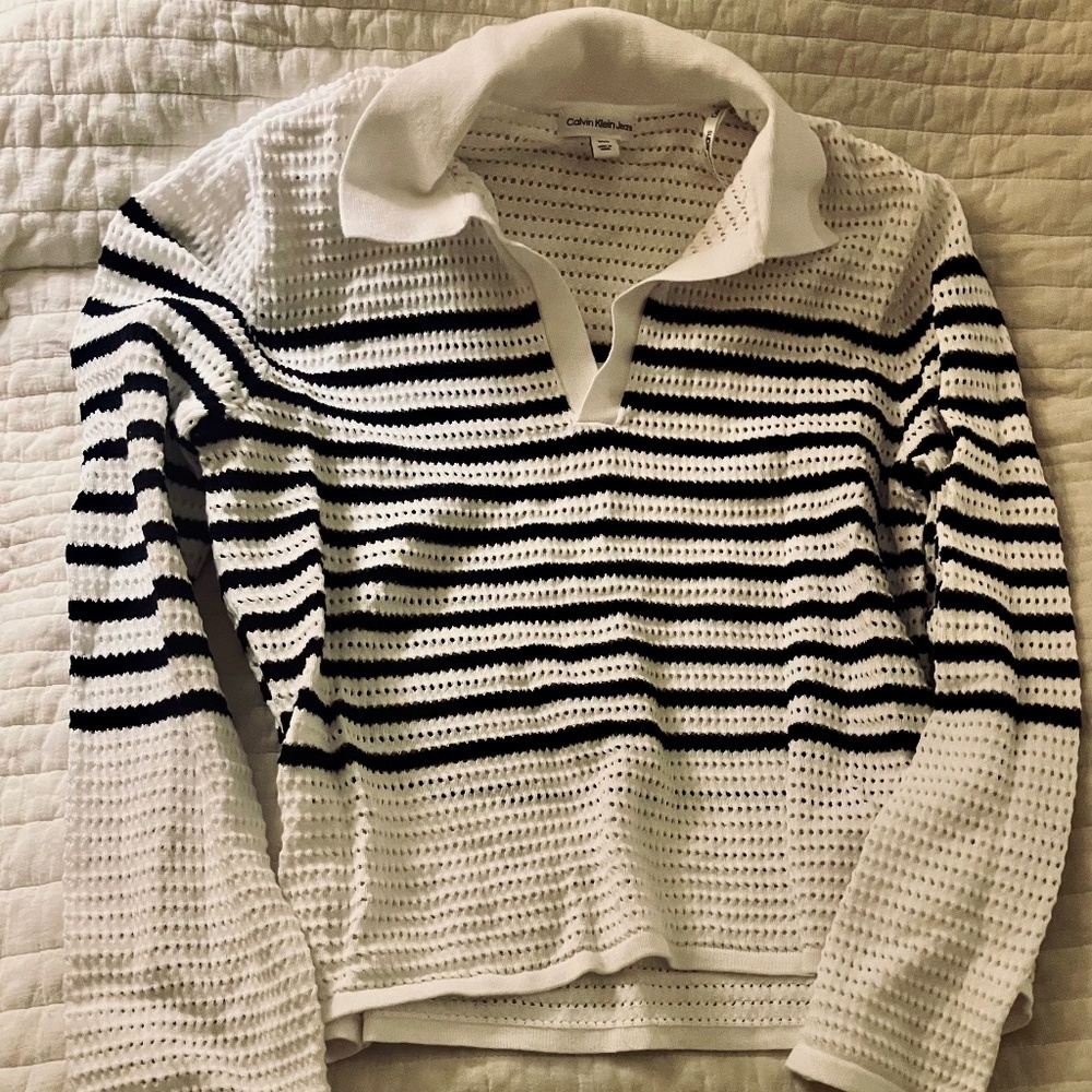 Calvin Klein cotton pointelle polo collar sweater black brixton striped